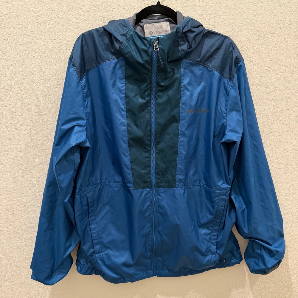 Columbia Mens Blue Colorblock Hooded Windbreaker Jacket Full Zip Small